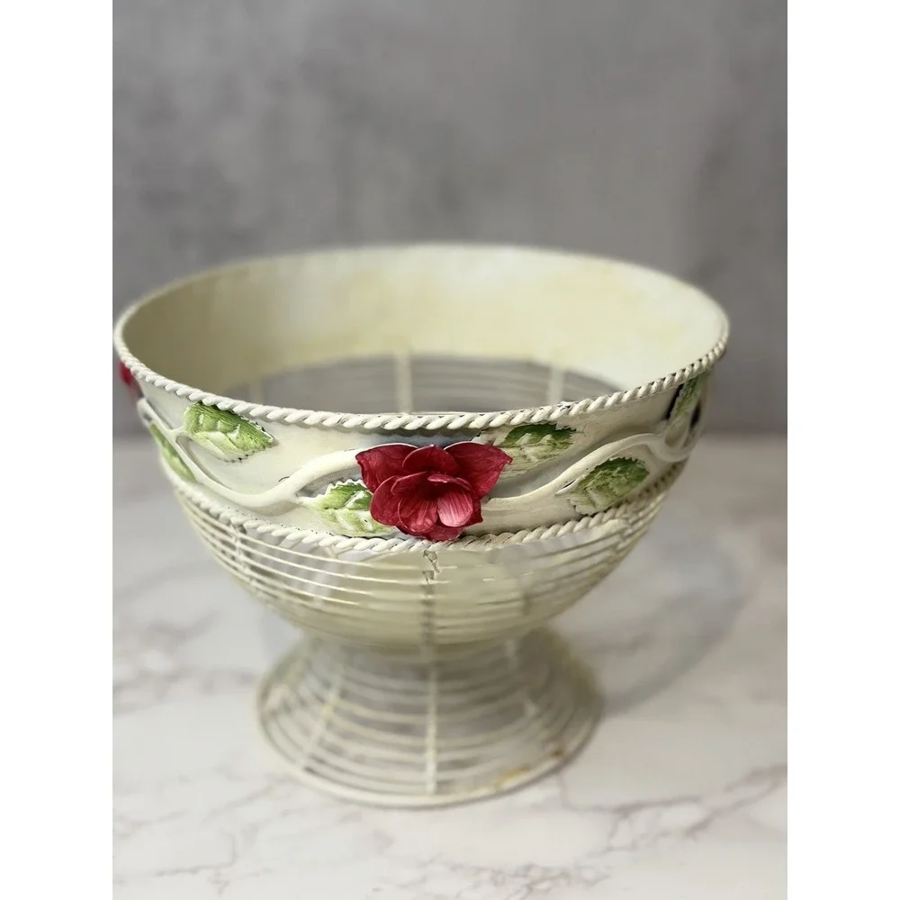 Vintage White Metal Wire Pedestal Basket Hand Painted Pink Flowers Cottage Decor